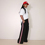 Fashion leopard print patchwork color stripes loose straight leg pants XRB-10115