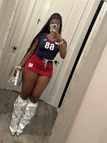 V-neck Stretch Crop Top Shorts Skirt Sport Set MEM-88602