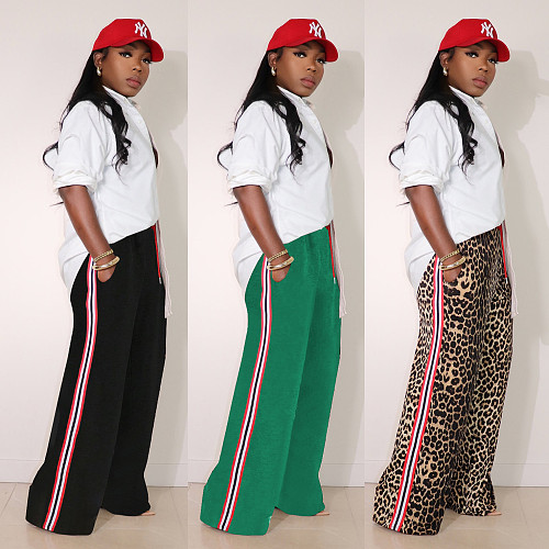 Fashion leopard print patchwork color stripes loose straight leg pants XRB-10115