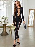 Hollowed-out Transparent Round Neck Long Sleeved Women Jumpsuit RS-81825