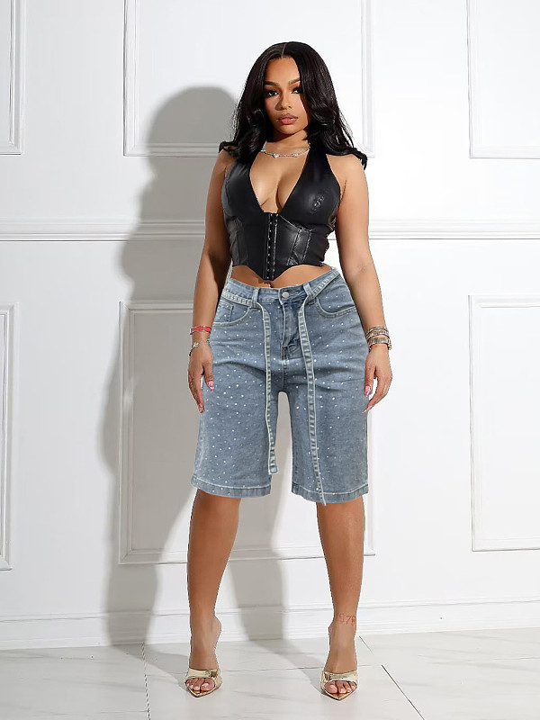 Loose Denim Rhinestone Shorts Pants In Stock With Belt XMOJ-8739