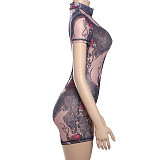 Printed Mesh Sexy Spicy Backless Shorts Jumpsuit ZJQD-66528