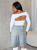 Loose Denim Rhinestone Shorts Pants In Stock With Belt XMOJ-8739