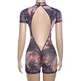 Printed Mesh Sexy Spicy Backless Shorts Jumpsuit ZJQD-66528
