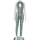 Python-patterned Semi-high neck Sleeveless Cut-out One Piece Jumpsuit DZHT-D25JP134