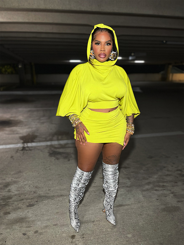Yellow Hooded Puffed-sleeve Crop Top Pleated Wrap Hip Mini Skirt Set RS-602