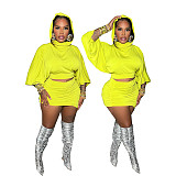 Yellow Hooded Puffed-sleeve Crop Top Pleated Wrap Hip Mini Skirt Set  RS-602