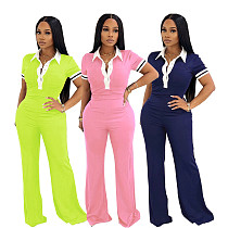 Polo Collar Top Wide-leg Pants Casual Two-piece Set RS-637