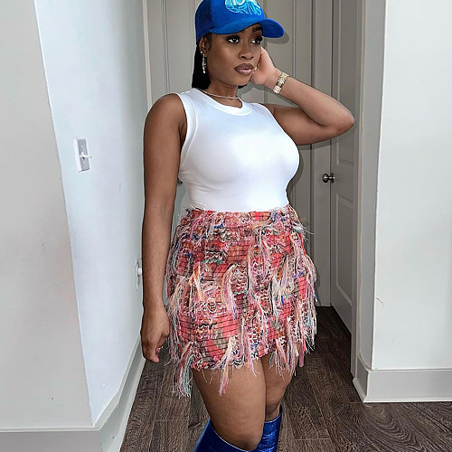Street Style Girl Striped Tassels Slimming Short Skirt ZJQD-49458