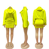 Yellow Hooded Puffed-sleeve Crop Top Pleated Wrap Hip Mini Skirt Set  RS-602