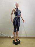 Black White Striped Sleeveless Lapel Vest Top Knee Length Casual Pants Set RS-6063