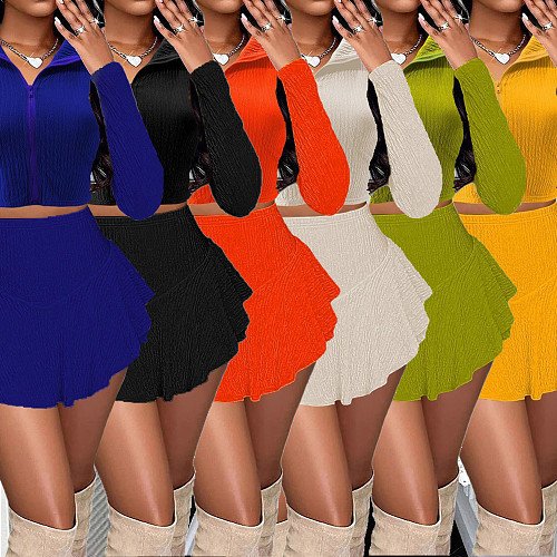 Solid Zipper Short Top Two-piece Set Ruffled Skirt Set RS-2809