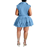 Casual Sleeveless Lapel Pleated Skirt Shorts Women Two-piece Set RS-7109