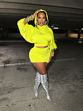 Yellow Hooded Puffed-sleeve Crop Top Pleated Wrap Hip Mini Skirt Set  RS-602