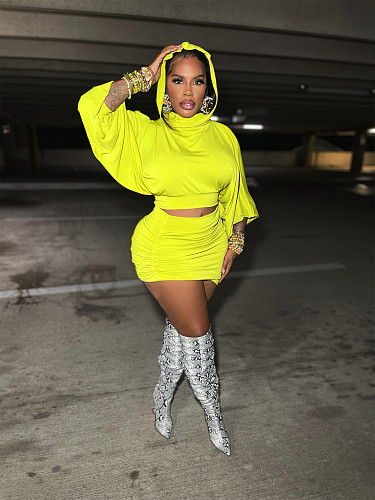Yellow Hooded Puffed-sleeve Crop Top Pleated Wrap Hip Mini Skirt Set  RS-602