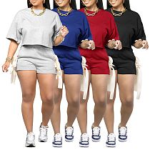 Solid Round Neck Half-sleeved T-shirt Bowknot Shorts Fashion Two-piece Set AIL-327