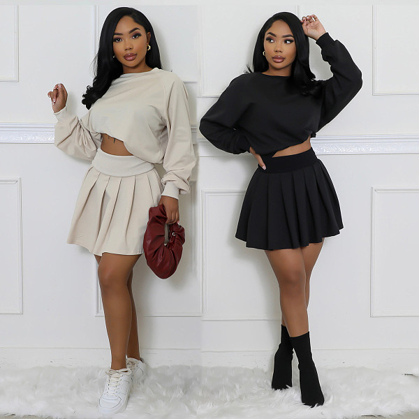 New Casual Long Sleeve Top Pleated Mini Skirt Two-Piece Suit For Women