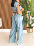 Sexy Sleeveless Two-piece Jeans Set Loose Straight Leg Summer AIL-314