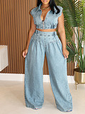 Sexy Sleeveless Two-piece Jeans Set Loose Straight Leg Summer AIL-314