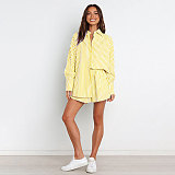 Women Shirt Striped Long Sleeve Two-piece Shorts Set SSN-211032