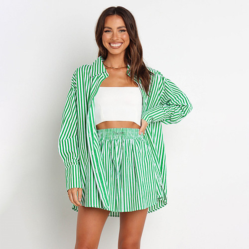 Women Shirt Striped Long Sleeve Two-piece Shorts Set SSN-211032