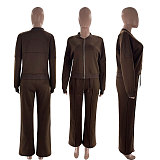 Solid Fleece Zipper Cardigan Casual Straight-leg Pants Set SSN-211472