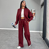 Solid Fleece Zipper Cardigan Casual Straight-leg Pants Set SSN-211472