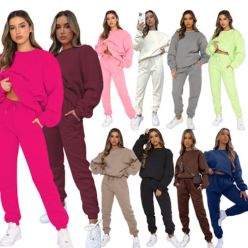 Winter Solid Round Neck Pullover Long Pants Long Sleeved Sweatshirt Set SSN-211021A