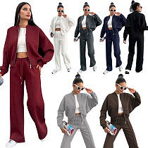 Solid Fleece Zipper Cardigan Casual Straight-leg Pants Set SSN-211472
