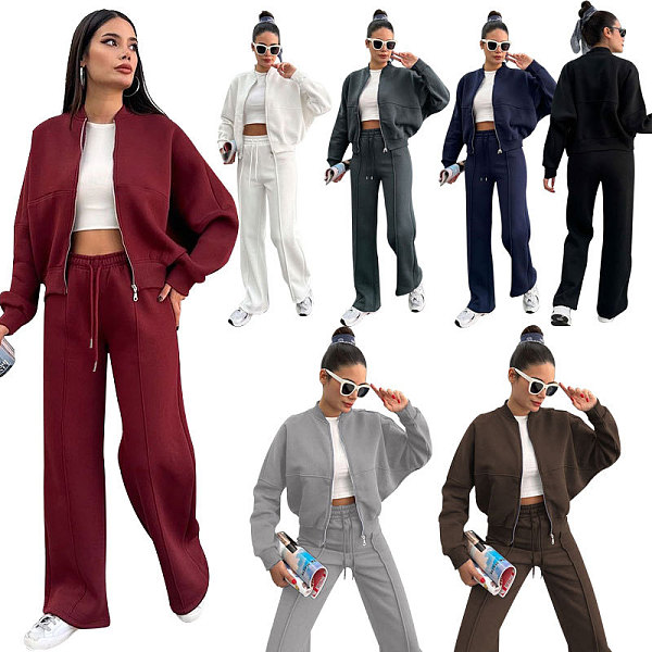 Solid Fleece Zipper Cardigan Casual Straight-leg Pants Set SSN-211472