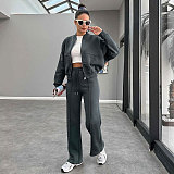 Solid Fleece Zipper Cardigan Casual Straight-leg Pants Set SSN-211472