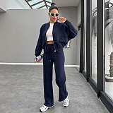 Solid Fleece Zipper Cardigan Casual Straight-leg Pants Set SSN-211472