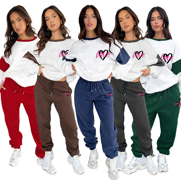 Casual Women Long Pants Heart Print Loose Hoodies Set SSN-211404
