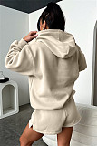 Solid Long-sleeved Hooded Sweatshirt For Women Casual Shorts Set SSN-211336
