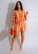 Women Hollowed Out See Through Lapel Knitted Shorts Set ZS-Z0235