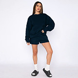Solid Round-neck Pullover Sweatshirt Women Shorts Set SSN-211256