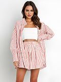 Women Shirt Striped Long Sleeve Two-piece Shorts Set SSN-211032