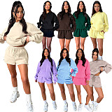 Solid Long-sleeved Hooded Sweatshirt For Women Casual Shorts Set SSN-211336