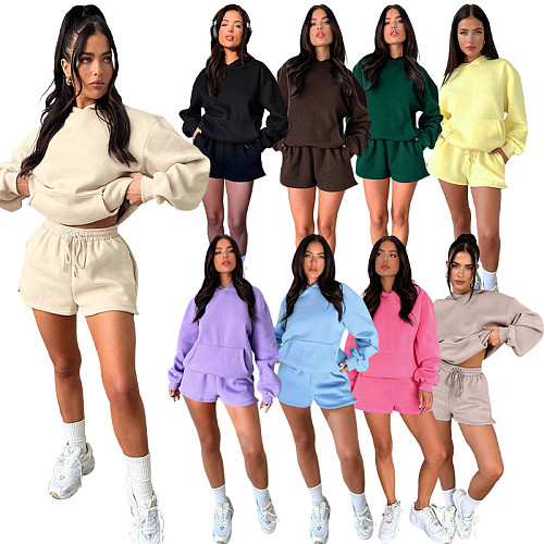 Solid Long-sleeved Hooded Sweatshirt For Women Casual Shorts Set SSN-211336