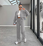 Solid Fleece Zipper Cardigan Casual Straight-leg Pants Set SSN-211472