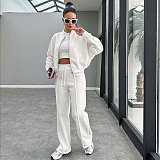 Solid Fleece Zipper Cardigan Casual Straight-leg Pants Set SSN-211472