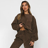 Autumn Winter Corduroy Solid  Round Neck Pullover Long-sleeved Long Pants Set SSN-211273