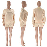 Solid Round-neck Pullover Sweatshirt Women Shorts Set SSN-211256