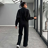 Solid Fleece Zipper Cardigan Casual Straight-leg Pants Set SSN-211472