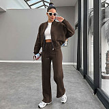 Solid Fleece Zipper Cardigan Casual Straight-leg Pants Set SSN-211472