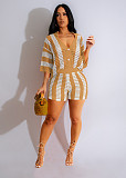 Women Hollowed Out See Through Lapel Knitted Shorts Set ZS-Z0235