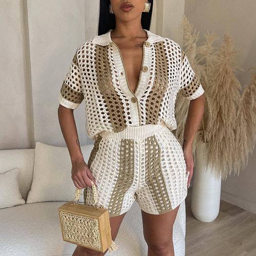 Women Hollow Out Lapel Knitted Button Shorts Set ZS-Z0261