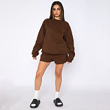 Solid Round-neck Pullover Sweatshirt Women Shorts Set SSN-211256