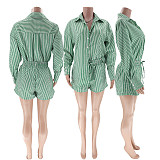 Women Shirt Striped Long Sleeve Two-piece Shorts Set SSN-211032