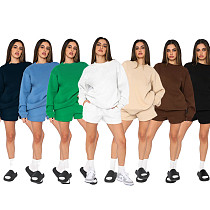 Solid Round-neck Pullover Sweatshirt Women Shorts Set SSN-211256